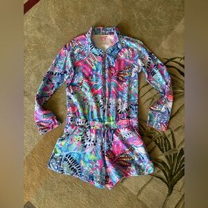 Lilly Pulitzer Romper Womens Medium Tropical Print Zip Front Long Sleeve Pockets